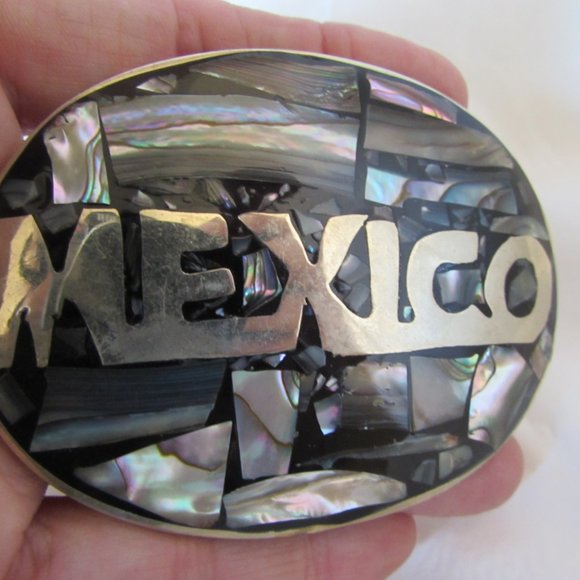 Vintage MEXICO Alpaca Silver Abalone Belt Buckle - Picture 3 of 5